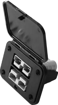Panel Mount Dual 50A Anderson Style Connector With Cover This Dual Anderson Style (SB50 50A type) connector provides easy connection to solar panels and auxiliary batteries/appliances Snap fit cover provides protection from dust and moisture when not in use. Includes connectors.