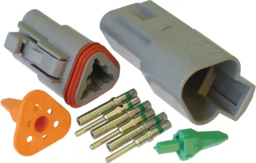 DE-DT3-1 3-pin 13A IP67 Weatherproof Connector World famous Deutsch weatherproof pluggable connectors for automotive and industrial wiring. Supplied in a set including crimp pins, gasket, male and female connector bodies. 13A rated. DE-DT3-1.