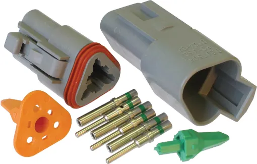 World famous Deutsch weatherproof pluggable connectors for automotive and industrial wiring. Supplied in a set including crimp pins, gasket, male and female connector bodies. 13A rated. DE-DT3-1. 