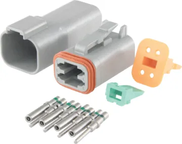 DE-DT4-1 4-pin 13A IP67 Weatherproof Connector World famous Deutsch weatherproof pluggable connectors for automotive and industrial wiring. Supplied in a set including crimp pins, gasket, male and female connector bodies. 13A rated. DE-DT4-1.