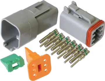 DE-DT6-1 6-pin 13A IP67 Weatherproof Connector World famous Deutsch weatherproof pluggable connectors for automotive and industrial wiring. Supplied in a set including crimp pins, gasket, male and female connector bodies. 13A rated. DE-DT6-1.