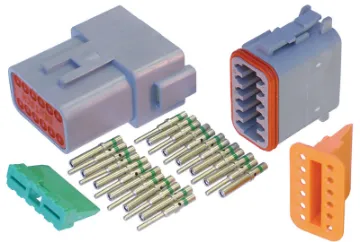 DE-DT12-1 12-Pin 13A IP67 Weatherproof Connector World famous IP67 weatherproof pluggable connectors for automotive and industrial wiring. Supplied in a set including crimp pins, gasket, male and female connector bodies. DE-DT12-1
