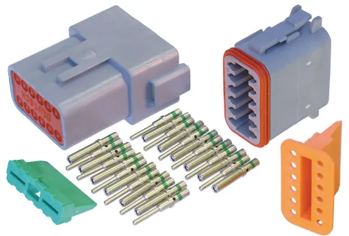 World famous IP67 weatherproof pluggable connectors for automotive and industrial wiring. Supplied in a set including crimp pins, gasket, male and female connector bodies. DE-DT12-1