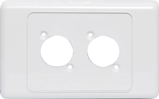 Dual wallplate to suit any standard dimension SpeakOn sockets. Countersunk screw holes. Mounting hole spacing 19W x 24Hmm.