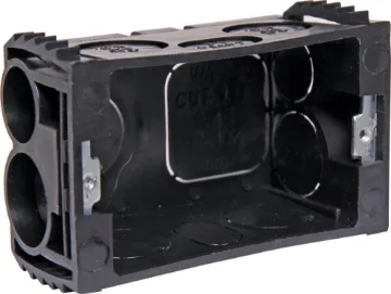 Mains Wallbox Single Gang Plastic Mains wall box with multiple conduit entries.