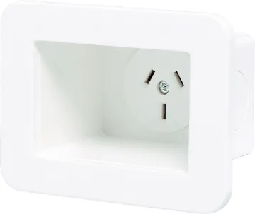 Wallplate Recess Box with 240V Mains GPO Addresses a common requirement of installing power connections flush to the wall behind cabinets or televisions.
- Designed for 76 x 52mm cutout.
- Minimum Depth for 10mm plaster: 60mm, Masonry 70mm
- Appliance outlet approval: NSW24133
- Can be fitte