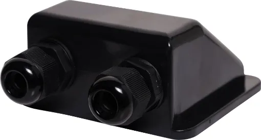 A handy dual gland cable entry point for caravans, campers and vehicles with roof mounted solar panels. Can be surface mounted using silastic or similar weatherproof adhesive. Size: 100W x 88D x 49Hmm.