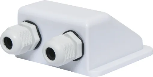 A handy dual gland cable entry point for caravans, campers and vehicles with roof mounted solar panels. Can be surface mounted using silastic or similar weatherproof adhesive. Size: 100W x 88D x 49Hmm.