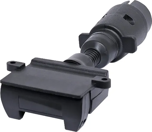 7 pin round to 7 pin flat trailer adapter.  Allows you to connect a trailer with a 7 pin flat connector to a vehicle with large round 7 pin connector. 