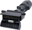 7 pin round to 7 pin flat trailer adapter.  Allows you to connect a trailer with a 7 pin flat connector to a vehicle with large round 7 pin connector. 