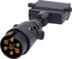 7 pin round to 7 pin flat trailer adapter.  Allows you to connect a trailer with a 7 pin flat connector to a vehicle with large round 7 pin connector. 