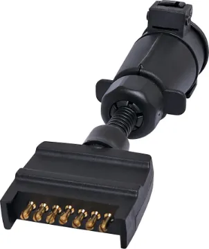 7 Pin Flat Plug To Large 7 Pin Round Socket Adapter 7 pin flat to large 7 pin round trailer adapter. Allows you to connect a trailer with a Large round 7 pin connector to a vehicle with 7 pin flat connector.