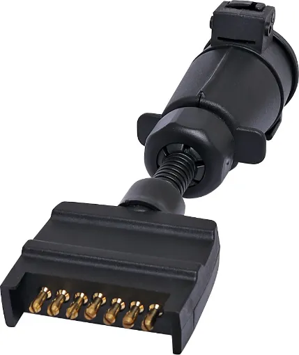 7 pin flat to large 7 pin round trailer adapter. Allows you to connect a trailer with a Large round 7 pin connector to a vehicle with 7 pin flat connector. 