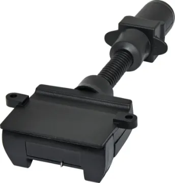 7 Pin Round to 7 Pin Flat Trailer Adapter  7 pin round to flat trailer adapter.  Allows you to connect a trailer with a 7 pin flat connector to a vehicle with 7 pin round connector.