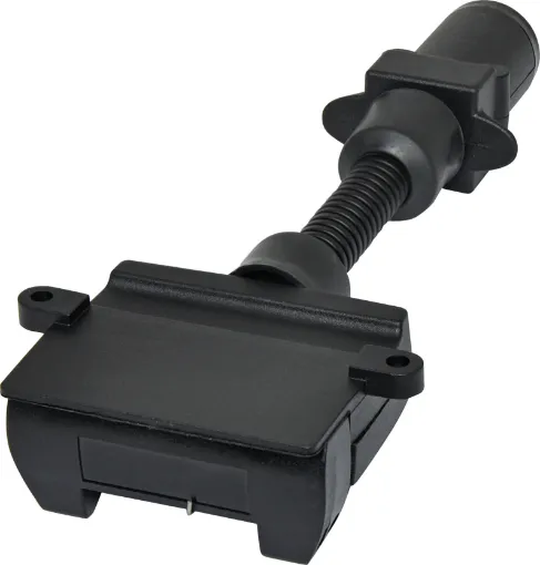 7 pin round to flat trailer adapter.  Allows you to connect a trailer with a 7 pin flat connector to a vehicle with 7 pin round connector.