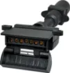 7 pin round to flat trailer adapter.  Allows you to connect a trailer with a 7 pin flat connector to a vehicle with 7 pin round connector.