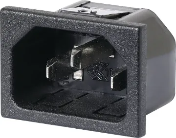 C14 Male Socket Chassis Snap-In 10A IEC Rated at 10A @ 240V AC. Chassis mount snap-in.
Suits 1mm panel.
Rear connection pins are vertical