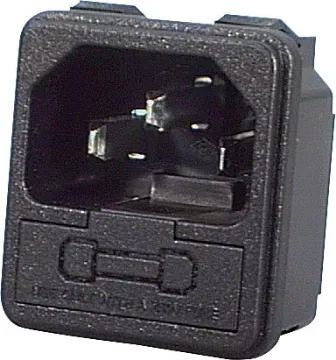 C14 Male Socket Chassis Snap-In Fused M205 10A IEC Snap-in chassis mount. 
Uses M205 type fuse, with space for a spare.
10A 240VAC