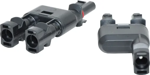 MC4 style dual line plug adaptor designed for use when daisy chaining solar panels together. 