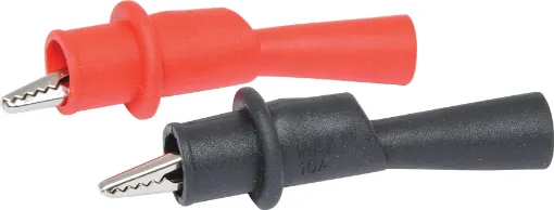 This set of crocodile clip test probe adapters comes with both a red and a black test probe. Simply plug in pin probe to turn it into a crocodile clip connection. This test probe pair will work with P 0407 (Multimeter Test Probes 1000V 10A) and P 0404A (Shrouded Professional Grade Multimeter Test Probes Lead Set).