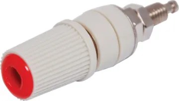 Red Insulated Captive Head Binding Post With 4mm Banana Socket and Crosshole.
24A @ 30V AC - 60V dc. 
Protrusion from mounting surface 25mm. Mounting Hole 7mm.