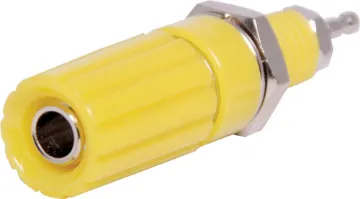 Yellow Captive Head Binding Post With 4mm banana socket and crosshole. 10A @ 125V AC. 
24mm. Mounting hole 8mm  dia..