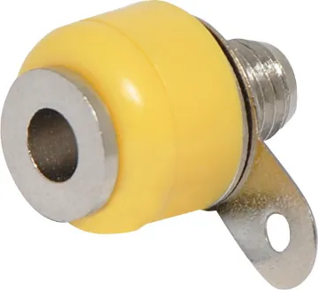 Yellow Banana Socket Yellow. Rated at 10A @ 125V AC.
Can be mounted non-insulated (6mm Ø hole required) or insulated 8mm Ø hole.