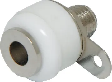 White Banana Socket White. Rated at 10A @ 125V AC.
Can be mounted non-insulated (6mm Ø hole required) or insulated 8mm Ø hole.