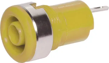 Yellow Safety Type Banana Socket Rated at 10A @ 125V AC. 12.2mm diametre hole cutout.  Depth from front panel 29mm.