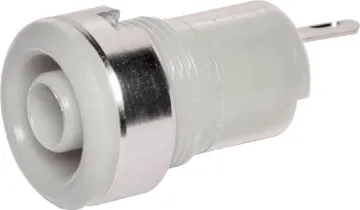 White Safety Type Banana Socket Rated at 10A @ 125V AC. 12.2mm diametre hole cutout.  Depth from front panel 29mm.