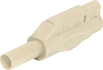 White Insulated Type Banana Plug  Solder termination suits wire less than 4mmØ
Nylon casing with nickel plated heat treated beryllium copper.
Stackable for use with standard 4mmØ banana plugs and sockets