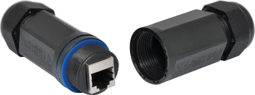 A waterproof joiner for data cables with RJ45 back to back internal connection. 