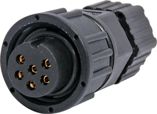Waterproof IP66 rated 6 Pin male line connector for installations outdoors or in areas prone to moisture build up. 5A rated.

Cable entry sizes 3.5 - 5.3mm