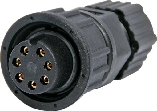 Waterproof IP67 rated 7 Pin male line connector for installations outdoors or in areas prone to moisture build up. 5A rated.

Cable entry sizes 4.5 - 6.5mm
