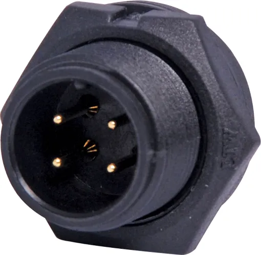 Waterproof IP67 rated 4 Pin male chassis connector for installations outdoors or in areas prone to moisture build up. 5A rated.