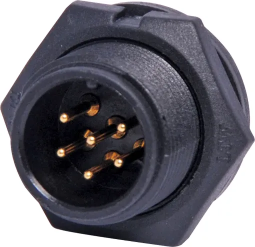 Waterproof IP67 rated 6 Pin male chassis connector for installations outdoors or in areas prone to moisture build up. 5A rated.