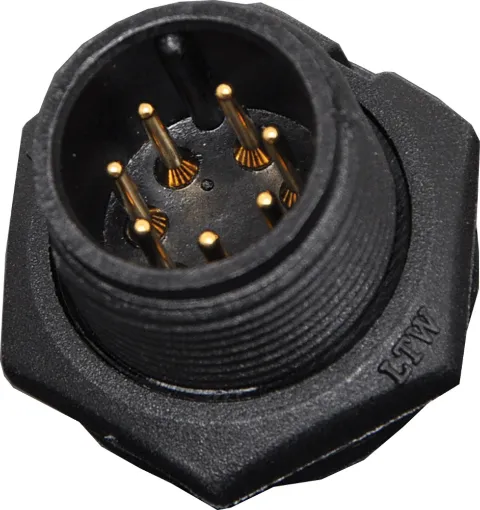 Waterproof IP67 rated 7 Pin female line connector for installations outdoors or in areas prone to moisture build up. 5A rated.