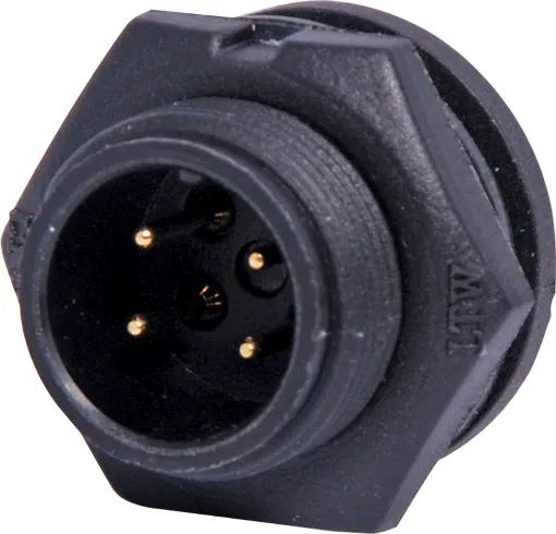 Waterproof IP67 rated 4 Pin male PCB connector for installations outdoors or in areas prone to moisture build up. 5A rated.