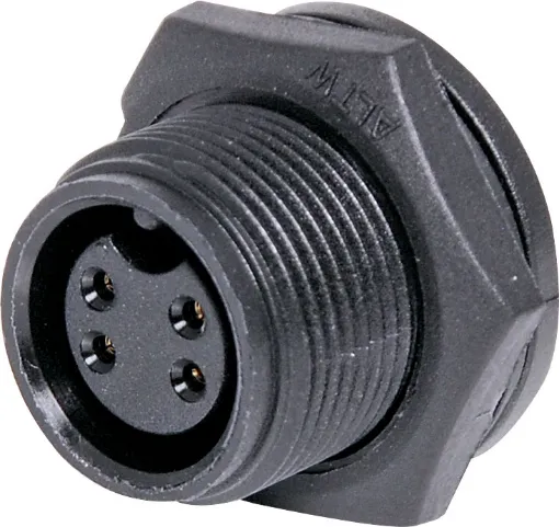 	 Waterproof IP67 rated 4 Pin female chassis connector for installations outdoors or in areas prone to moisture build up. 5A rated.
