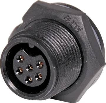 6 Pin 5A Screw-On Female Chassis IP67 Waterproof Socket 	 Waterproof IP67 rated 6 Pin female chassis connector for installations outdoors or in areas prone to moisture build up. 5A rated.
