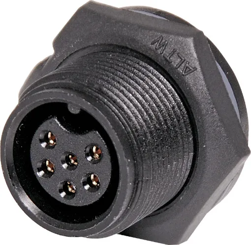	 Waterproof IP67 rated 6 Pin female chassis connector for installations outdoors or in areas prone to moisture build up. 5A rated.
