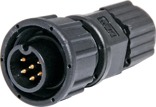 	 	 Waterproof IP67 rated 6 Pin male line connector for installations outdoors or in areas prone to moisture build up. 5A rated.

Cable entry sizes 3.5 - 5.3mm