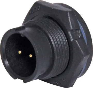 2 Pin 5A Locking Male Chassis IP67 Waterproof Plug Waterproof IP67 rated 2 Pin Male Solder cup chassis connector for installations outdoors or in areas prone to moisture build up. Lock Type mating ring. 5A rated.