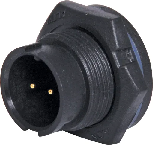 Waterproof IP67 rated 2 Pin Male Solder cup chassis connector for installations outdoors or in areas prone to moisture build up. Lock Type mating ring. 5A rated.