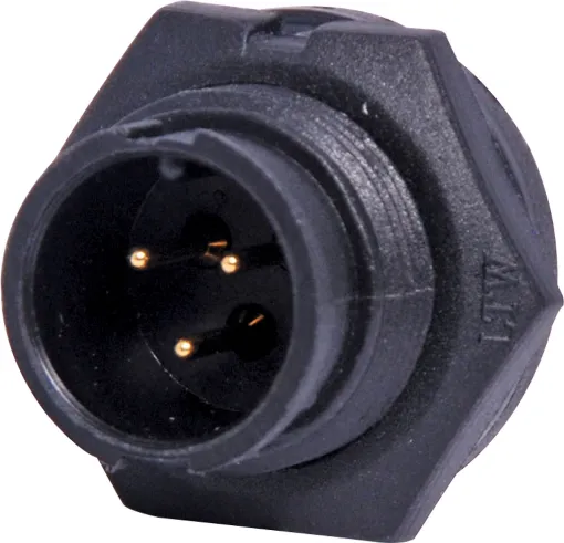 Waterproof IP67 rated 3 Pin Male Solder cup chassis connector for installations outdoors or in areas prone to moisture build up. Lock Type mating ring. 5A rated.