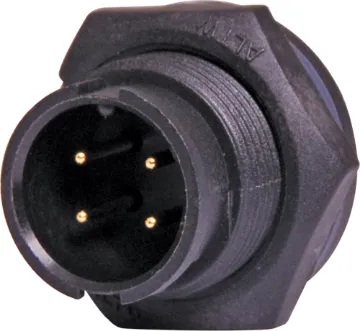 4 Pin 5A Locking Male Chassis IP67 Waterproof Plug Waterproof IP67 rated 4 Pin Male Solder cup chassis connector for installations outdoors or in areas prone to moisture build up. Lock Type mating ring. 5A rated.