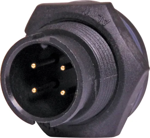 Waterproof IP67 rated 4 Pin Male Solder cup chassis connector for installations outdoors or in areas prone to moisture build up. Lock Type mating ring. 5A rated.