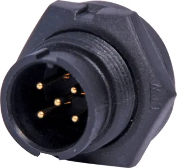 5 Pin 5A Locking Male Chassis IP67 Waterproof Plug Waterproof IP67 rated 5 Pin Male Solder cup chassis connector for installations outdoors or in areas prone to moisture build up. Lock Type mating ring. 5A rated.