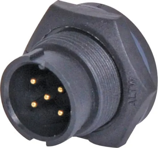 Waterproof IP67 rated 5 Pin Male Solder cup chassis connector for installations outdoors or in areas prone to moisture build up. Lock Type mating ring. 5A rated.