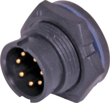 7 Pin 5A Locking Male Chassis IP67 Waterproof Plug Waterproof IP67 rated 7 Pin Male Solder cup chassis connector for installations outdoors or in areas prone to moisture build up. Lock Type mating ring. 5A rated.